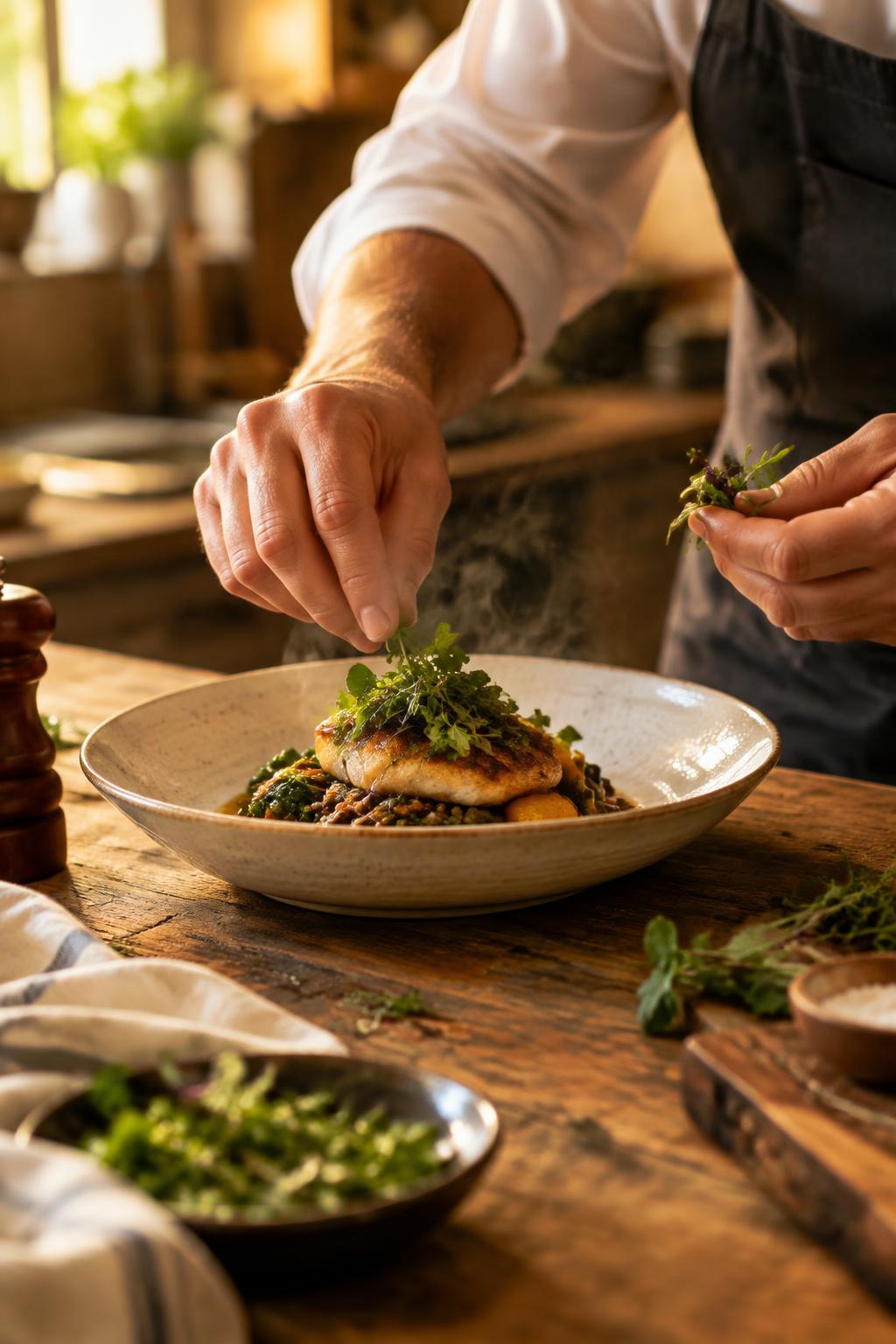 Hands plating a finished dish with fresh herbs in a warm kitchen